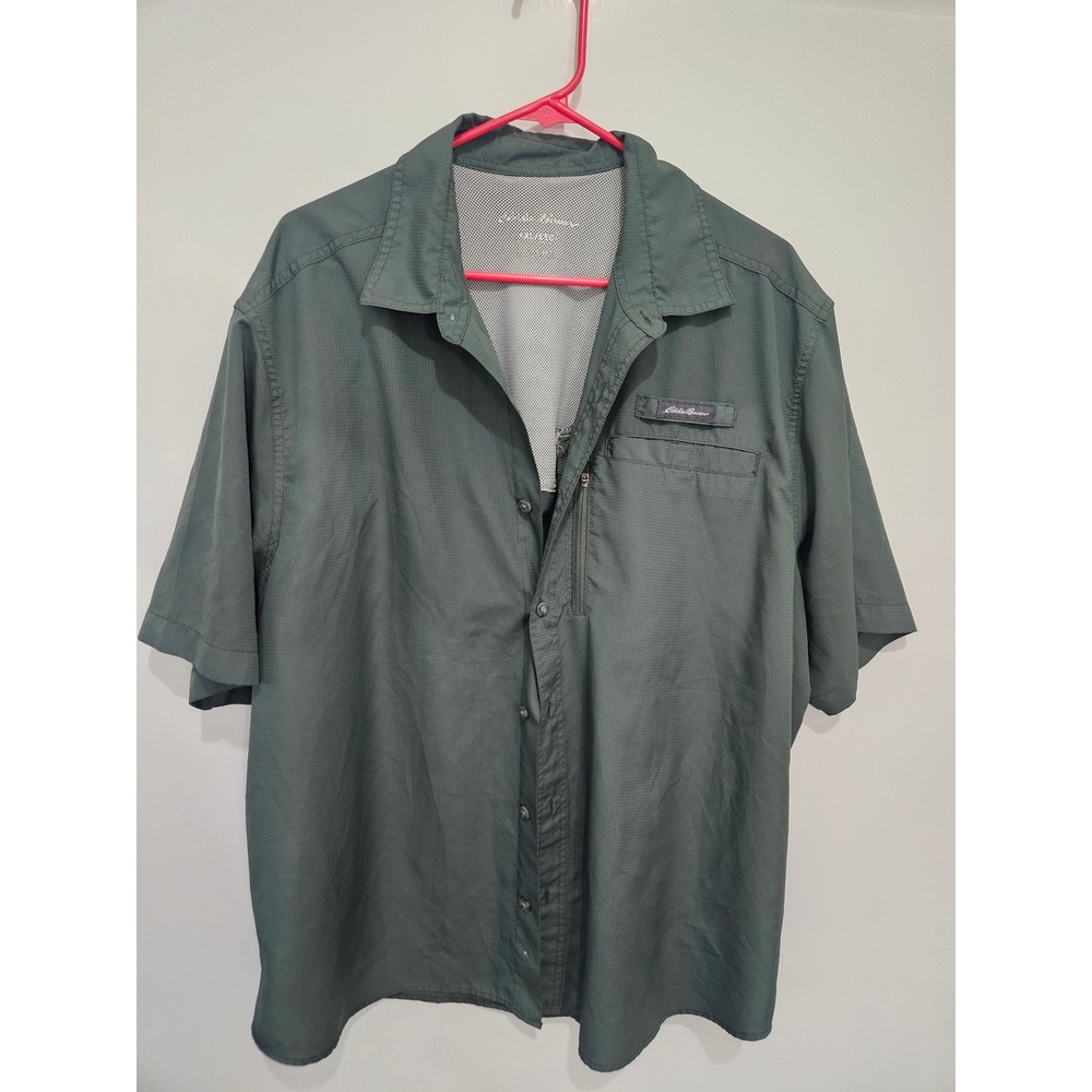 Eddie Bauer Mens XXL‎ Green Ripstop Vented Fishing Shirt Short Sleeve Button Up